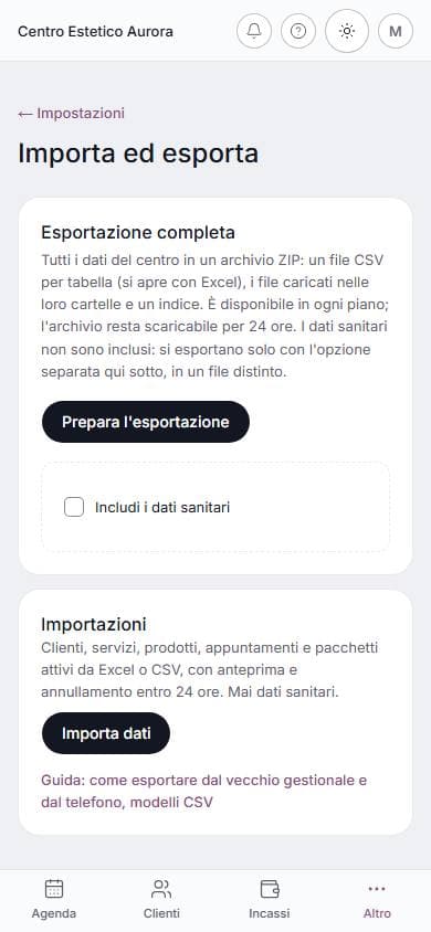 Importazione ed esportazione su telefono: schermata di lumora con dati di esempio