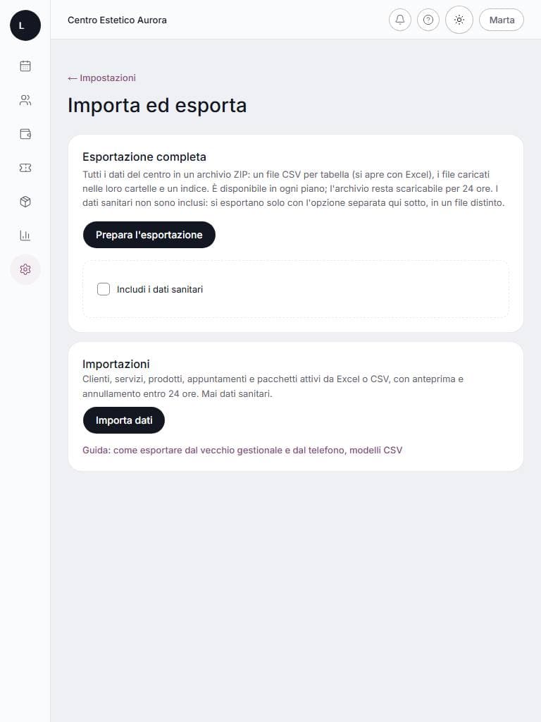 Importazione ed esportazione su tablet: schermata di lumora con dati di esempio