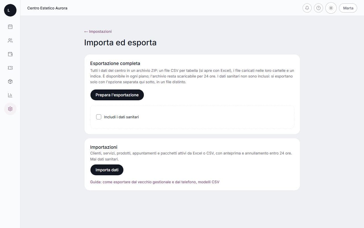 Importazione ed esportazione su computer: schermata di lumora con dati di esempio