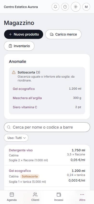 Magazzino su telefono: schermata di lumora con dati di esempio