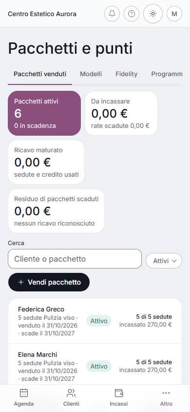 Pacchetti su telefono: schermata di lumora con dati di esempio