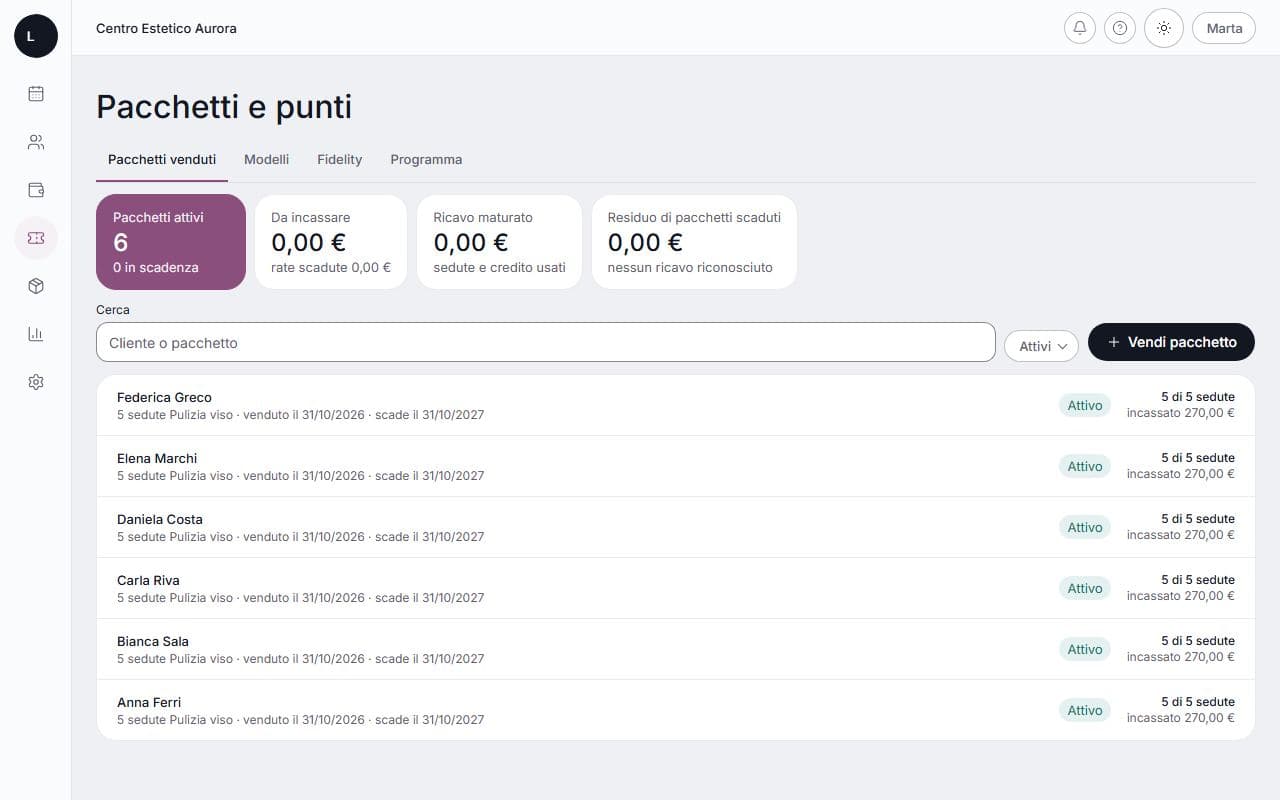 Pacchetti su computer: schermata di lumora con dati di esempio