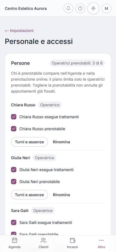 Personale e turni su telefono: schermata di lumora con dati di esempio