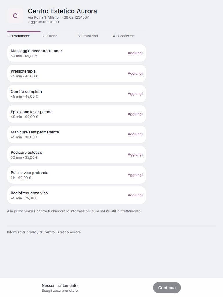 Prenotazione online su tablet: schermata di lumora con dati di esempio