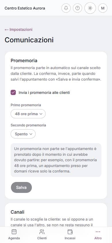 Promemoria e conferme su telefono: schermata di lumora con dati di esempio