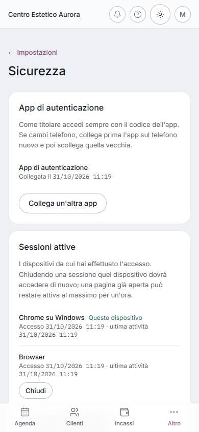 Sicurezza e privacy su telefono: schermata di lumora con dati di esempio